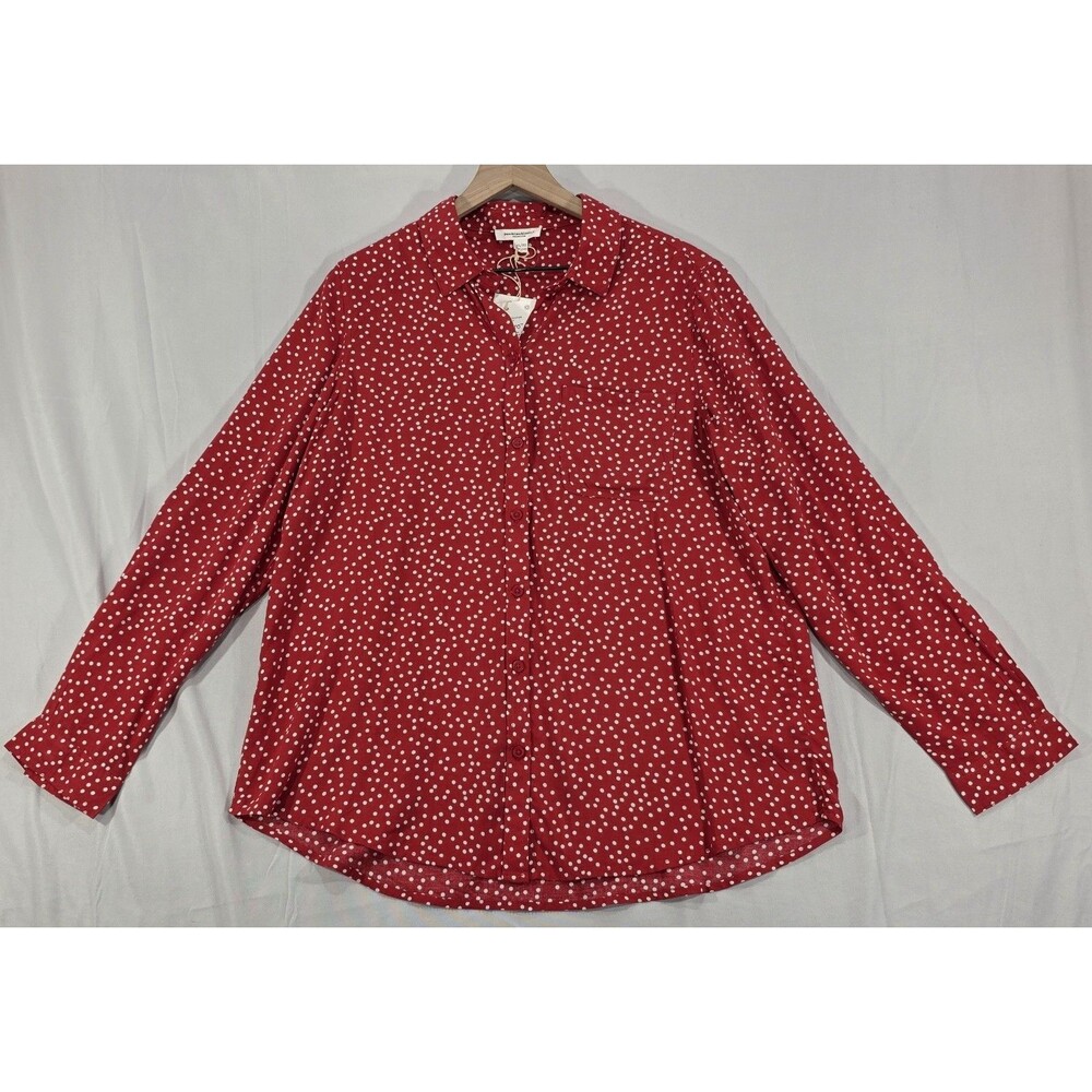 Beach Lunch Lounge Alanna Blouse XL Red Polka Dot Gauzy Button Up Shirt Coastal